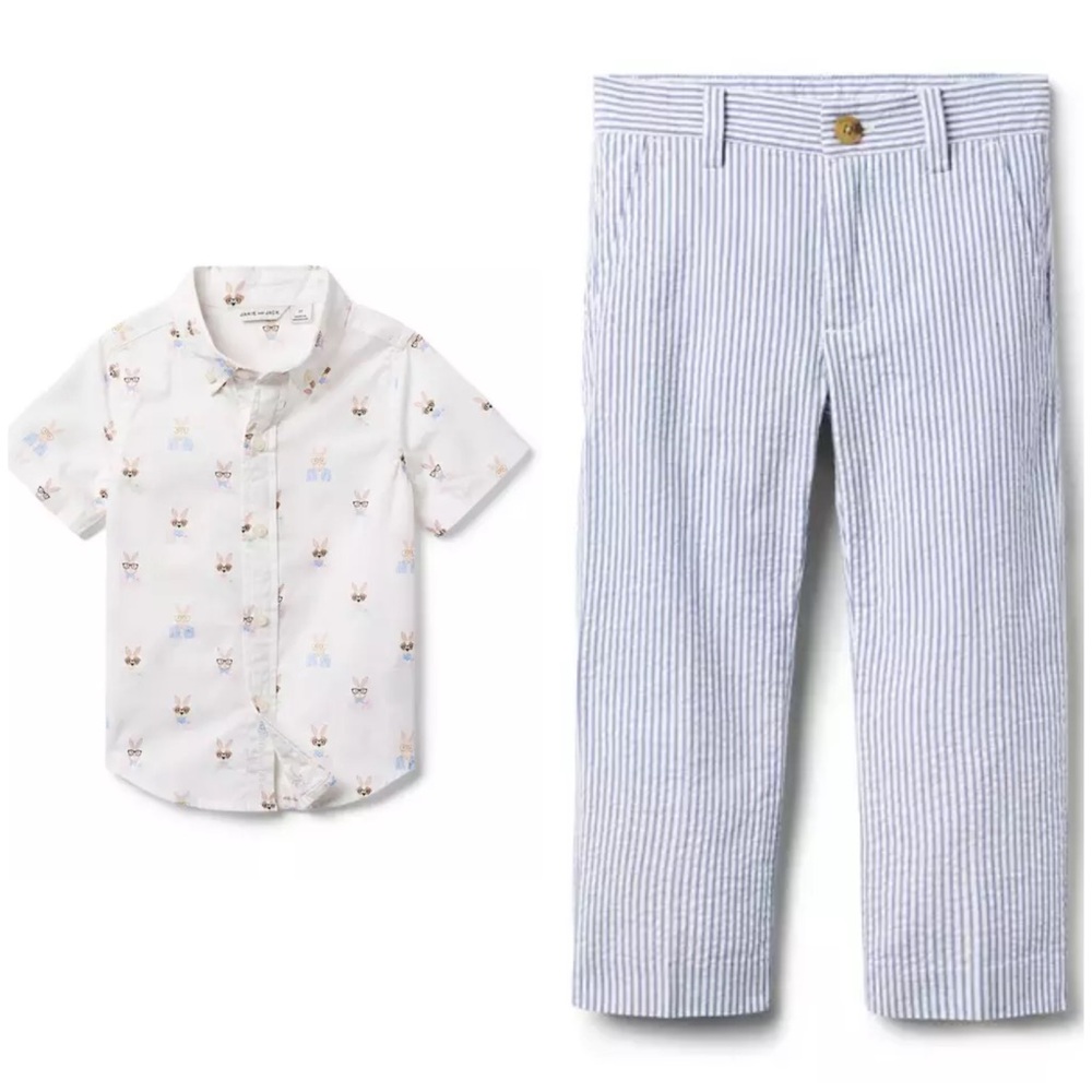 Janie and Jack White Bunny Print Shirt w/ Seersucker Pants. Size 6-12 months